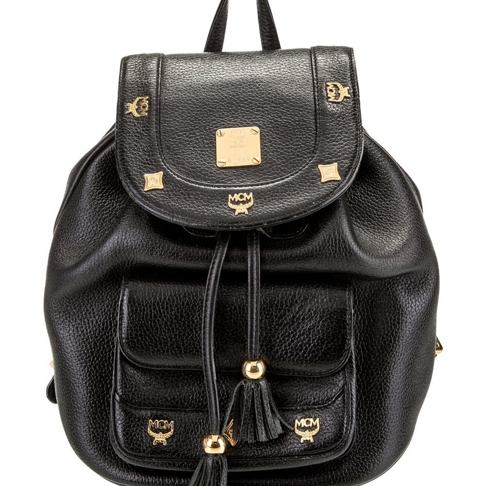 MCM Black and Gold Studded Leather Backpack